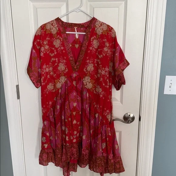 Free People Agnes Printed Mini Dress in Red/Pink - Picture 5 of 8